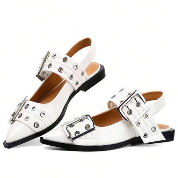 NWB CUSHIONAIRE Women 8 White Patent Silver Buckle Point Toe Flats Shoes - Picture 4 of 6